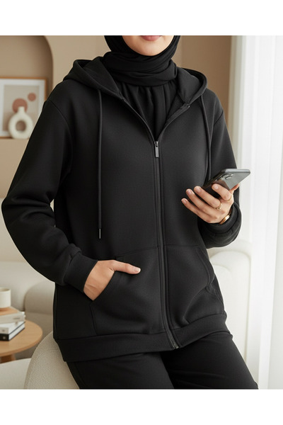 Modamorfo Hanorac din bumbac pieptănat cu buzunare cu fermoar - negru