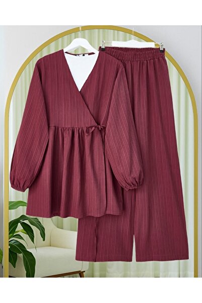 Modamorfo Tunic with Tie Inside and Wide Leg Trousers Suit - Burgundy