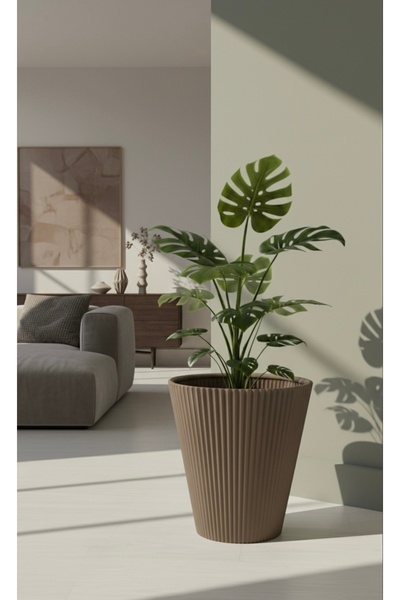esm vase DEKORATİF ÇİZGİLİ BEJ PLASTİK SALON, OFİS SAKSISI 37X34