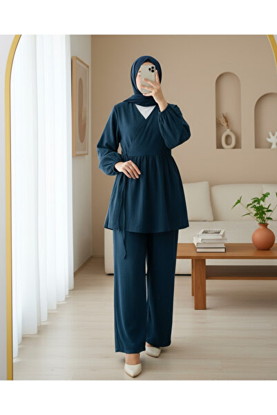 Modamorfo Tunic with Tie Inside and Wide Leg Trousers Suit - Navy