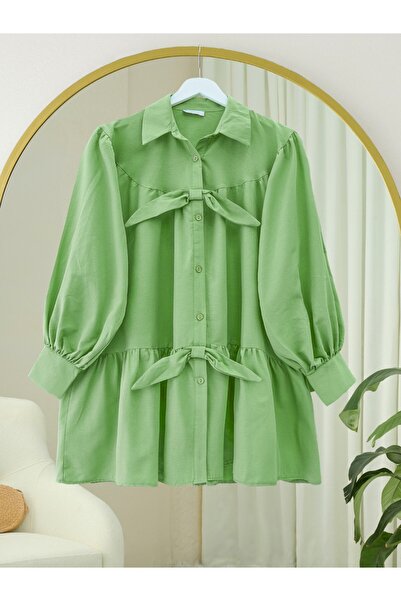 Modamorfo Buttoned Front Ribbon Detailed Loose Shirt - Green