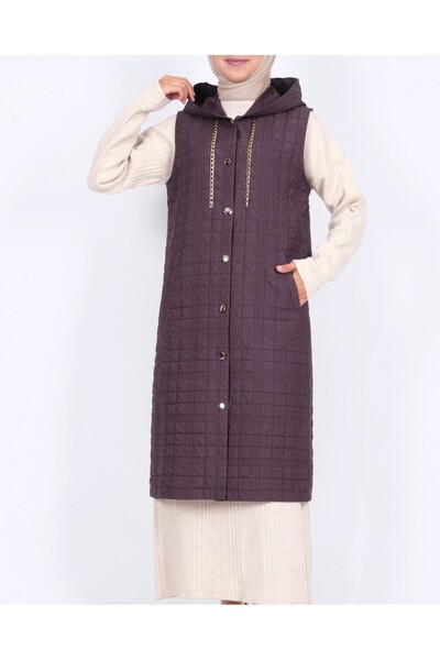 Modamorfo Hooded Chain Detailed Quilted Vest with Pockets - Plum