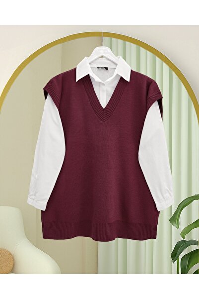 Modamorfo V-Neck Oversize Knitwear Sweater - Burgundy