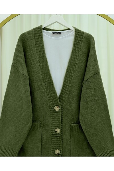 Modamorfo Buttoned Double Pocket Casual Knit Cardigan - Khaki