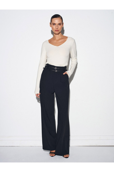 Dilvin 72197 Belted High Waist Trousers-Black