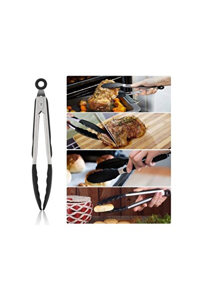 ZUZU MADE 2'li Set Siyah Isıya Dayanıklı Silikon Kızartma Izgara Ve Metal Silikon Uçlu Kızartma Servis Maşası Barbekü Maşası Mangal Maşası