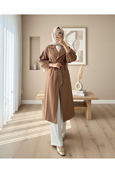 Modamorfo Kolu Lastikli Kemerli Astarlı Trençkot -Taba