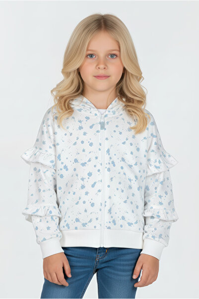 Kyron Kız Çocuk Fırfırlı Puantiyeli Kapüşonlu Pamuklu Ceket Beyaz Mavi Desenli