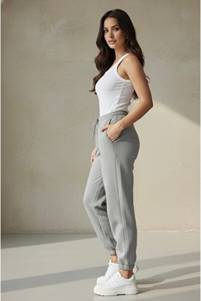 Jeevee Kadın Gri Kışlık Paçası Lastikli Eşofman Altı