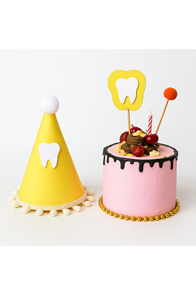 aloha concept Η πρώτη μου δόντι έφτασε Κίτρινο σετ καπέλων για πάρτι με τούρτα