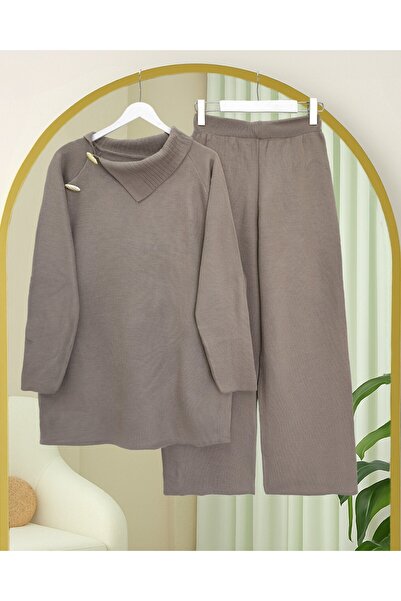 Modamorfo Half-High Neck Knitwear Set with Cross-Button Collar - Toprak