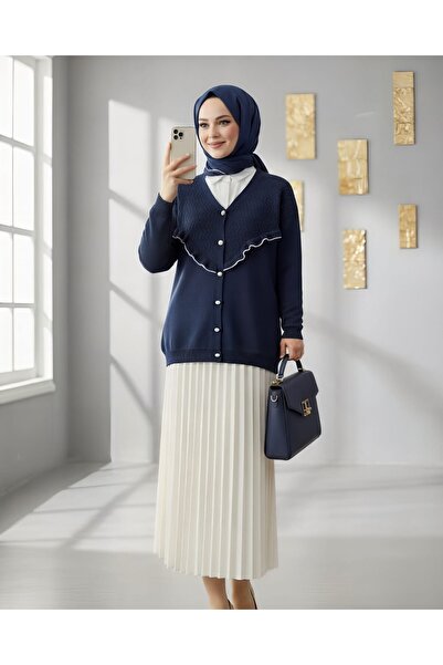 Modamorfo Front Ruffled Pearl Buttoned Knitwear Cardigan - Indigo