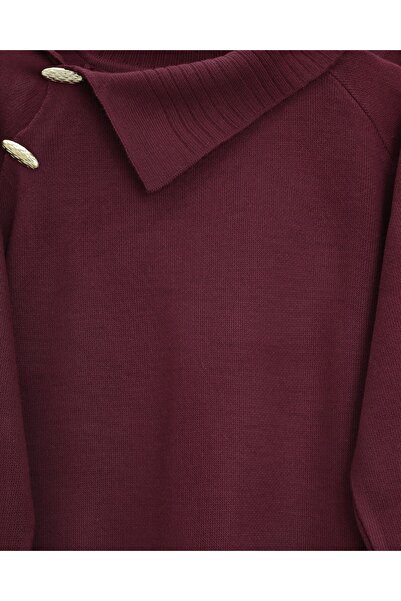 Modamorfo Half-High Neck Knitwear Set with Cross-Button Collar - Burgundy