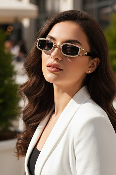 Kapin Kristal Taşlı Minimal Güneş Gözlüğü - Siyah