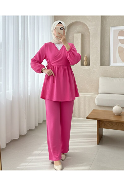 Modamorfo Muslin Suit with Elastic Sleeves and Lace - Fuchsia