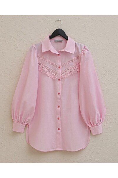 Modamorfo Güipur tasseled raw linen balloon sleeve shirt - powder