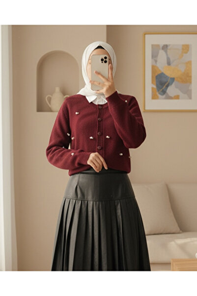 Modamorfo Buttoned Floral Detailed Soft Cardigan - Burgundy