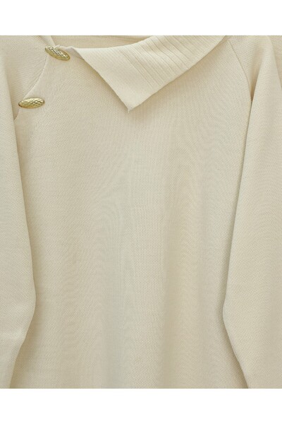 Modamorfo Half-High Neck Knitwear Set with Cross-Button Collar - Ecru