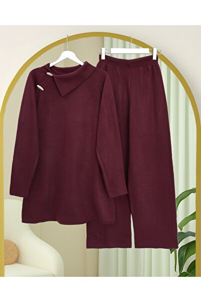 Modamorfo Half-High Neck Knitwear Set with Cross-Button Collar - Burgundy
