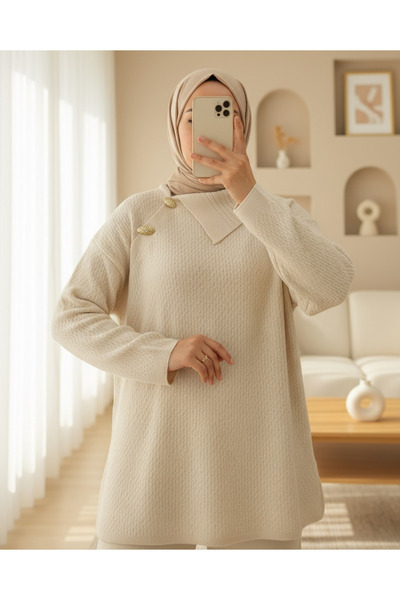 Modamorfo Half-High Neck Knitwear Set with Cross-Button Collar - Ecru