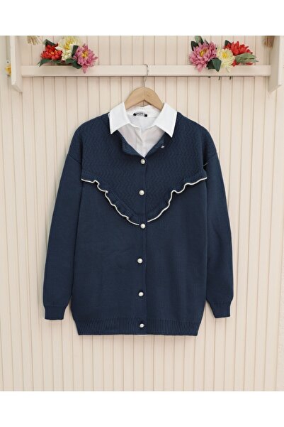 Modamorfo Front Ruffled Pearl Buttoned Knitwear Cardigan - Indigo