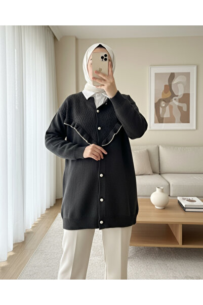 Modamorfo Front Ruffled Pearl Buttoned Knitwear Cardigan - Black