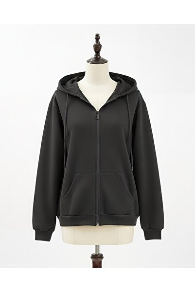 Modamorfo Hooded Combed Cotton Sweatshirt with Zipper Pocket - Black