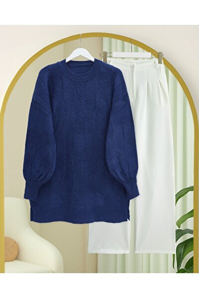 Modamorfo Round Neck Casual Patterned Knitwear Sweater - Navy