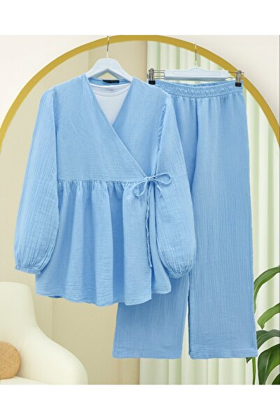 Modamorfo Muslin Suit with Elastic Sleeves and Lace-Up - Blue
