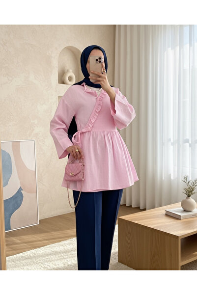 Modamorfo Linen Kimono with Ruffled Collar and Side Tie - Pink