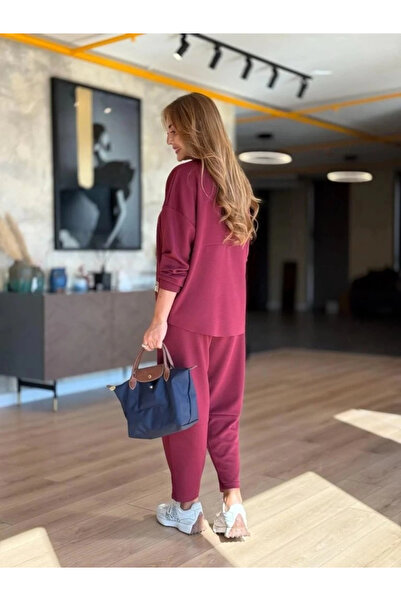 Butik Women's Long Sleeve Crew Neck Viscose Two Thread Blouse and Pants Double Suit