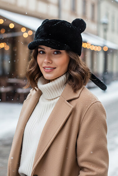 Kapin Peluş Kürk Kulaklı Kuyruklu Şapka - Siyah