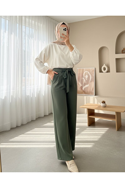 Modamorfo Elastic waist tied wide leg trousers - khaki