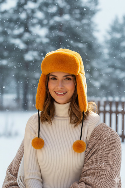 Kapin Suni Kürk Peluş Kulaklı Ponpon Detaylı Şapka - Hardal