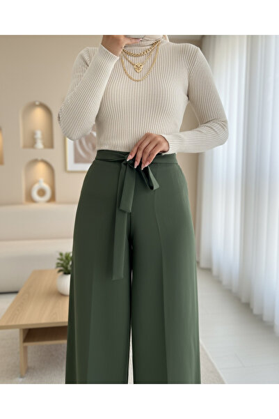 Modamorfo Elastic waist tied wide leg trousers - khaki