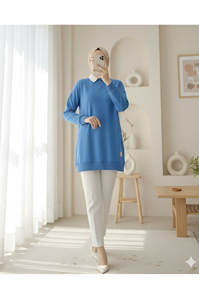 Modamorfo Crew Neck Slit Embroidered Sweatshirt - Blue