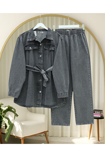 Modamorfo Buttoned Denim Suit with Pockets and Belt - Smoked