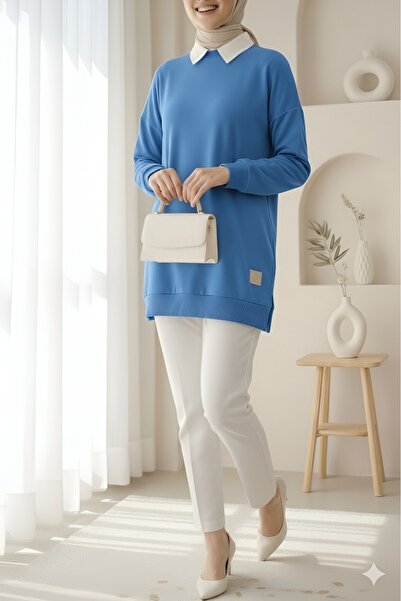 Modamorfo Crew Neck Slit Embroidered Sweatshirt - Blue
