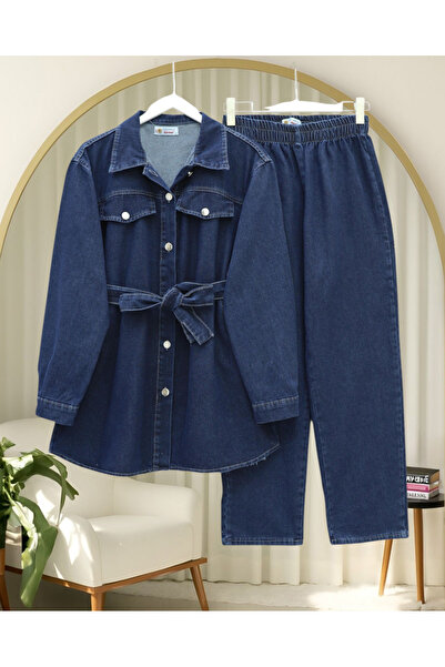 Modamorfo Buttoned Denim Suit with Belt and Pockets - Navy