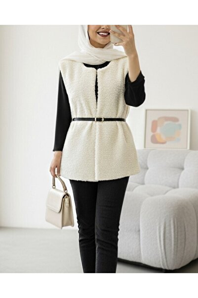 Modamorfo Beli Belted Double Pocket Lined Plush Vest - Ecru