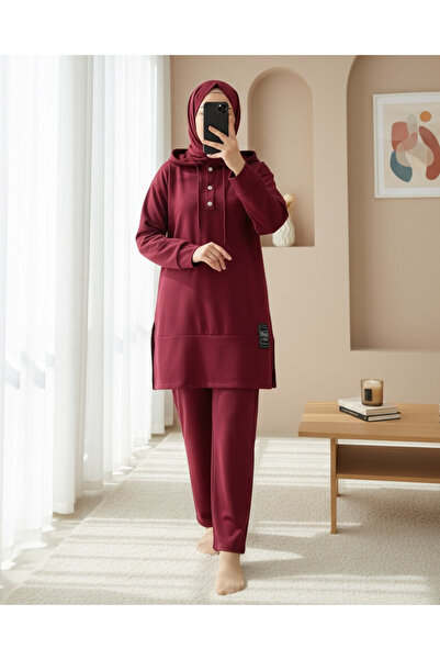 Modamorfo Σετ διπλής χτενισμένης βαμβακερής ύφασμα με λεπτομέρεια κορδόνι - Βουργουνδία