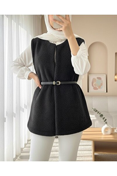 Modamorfo Вельветовий жилет з поясом, двома кишенями та підкладкою - чорний