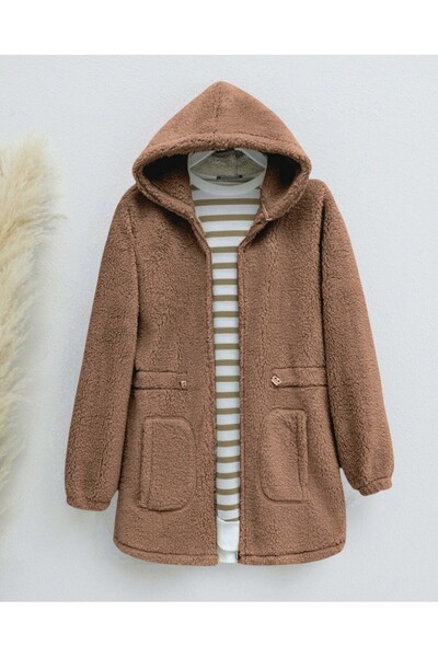 Modamorfo Elastic waist hooded zippered plush jacket - tan