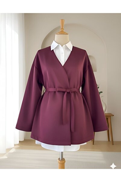 Modamorfo Beli Belted V-Neck Scuba Kimono - Burgundy