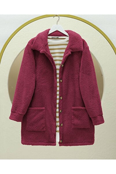 Modamorfo Plush Jacket with Button Pockets - Claret Red
