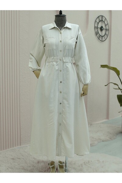 Modamorfo Φόρεμα με ελαστική μέση και ριγέ κουμπιά στο μήκος - Μπεζ