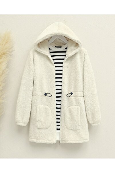 Modamorfo Ecru Plush Coat - Elastic Waist, Hoodie and Zipper