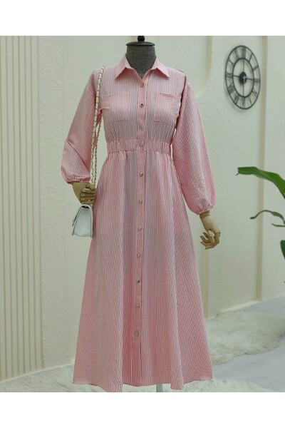 Modamorfo Φόρεμα με ελαστική μέση και ριγέ κουμπιά στο μήκος - Πούδρα