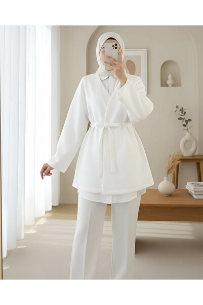 Modamorfo Beli Belted V-Neck Scuba Kimono -White