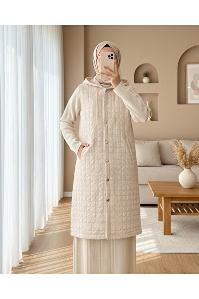 Modamorfo Hooded Chain Detailed Quilted Vest with Pockets - Stone